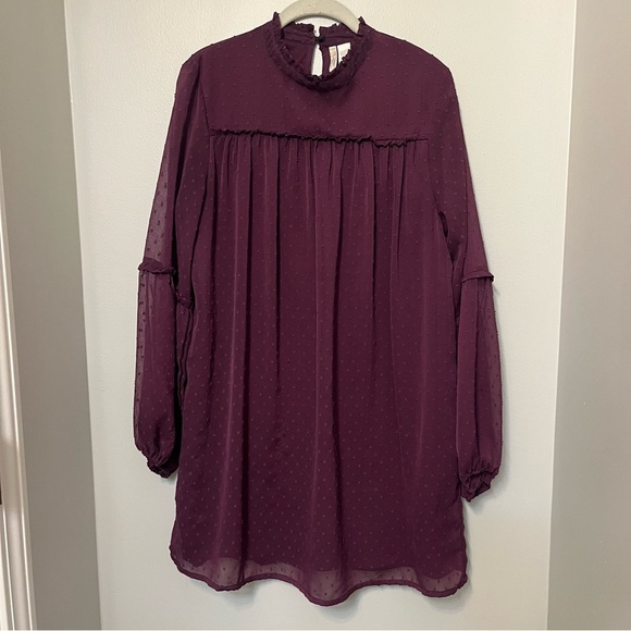 Japna Dresses & Skirts - Japna Large Plum Dark Purple Long Sleeve Mini Dress Swiss Dot Mockneck Keyhole